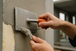 Ręce szpachlują ścianę. Pytanie: czy piankę montażową można szpachlować?