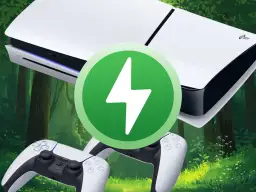 Konsola PS5 Digital i dwa kontrolery na tle lasu, z zieloną ikoną błyskawicy.