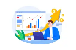 Mężczyzna w garniturze analizuje wykresy na laptopie, symbolizując sukces i rozwój. To idealny przykład persona klienta, który dąży do wzrostu.