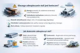 Ilustracja pokazuje metody ochrony stali przed korozją, w tym cynkowanie i powłoki ochronne. Zapobiega to uszkodzeniom i przedłuża żywotność konstrukcji.