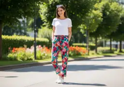 Stylizacja na lato: biały T-shirt i kolorowe spodnie w kwiaty. Idealne pytanie: co założyć do spodni w kwiaty?