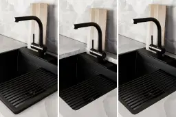 Trzy ujęcia czarnej baterii kuchennej nad czarnym zlewem z ociekaczem.