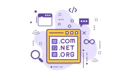 Wybór domeny najwyższego poziomu: .com, .net, .org. Ikony symbolizują wyszukiwanie, kodowanie i komunikację.
