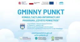 Grafika z napisem "Gminny Punkt Konsultacyjno-Informacyjny Programu Czyste Powietrze" i danymi kontaktowymi.