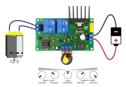 Moduł PWM steruje silnikiem DC zasilanym z baterii. Pokrętło reguluje moc i kierunek obrotów.