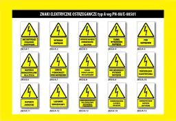 Zestaw piktogramów elektrycznych ostrzegawczych: "Nie dotykać!", "Wysokie napięcie", "Pod napięciem", "Nie wchodzić", "Rozdzielnia elektryczna".