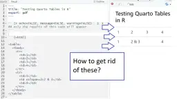 Kod HTML pokazuje, jak zrobić tabele w html. Obok kod w R generuje tabelę, a pytanie brzmi: "Jak się ich pozbyć?".