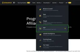 Menu Binance z opcją P2P (Przelew bankowy i 100+ opcji) podświetloną na zielono.