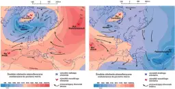 Na mapach widać, gdzie jest wyższe ciśnienie w górach czy nad morze. Lewa mapa pokazuje wyż azorski i niż islandzki, prawa wyż wschodniopółnocnoatlantycki.