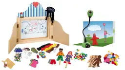 Zestaw do tworzenia animacji poklatkowej: teatrzyk, kamera, postacie z plasteliny, piórka i inne akcesoria.