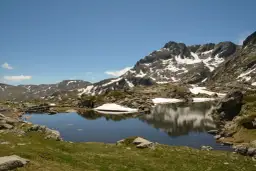 Góry Pirin z jeziorem odbijającym skaliste szczyty i resztki śniegu.