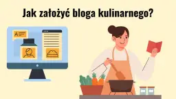 Ilustracja pokazuje, jak założyć blog kulinarny. Kobieta w fartuchu gotuje, a obok monitor z ikonami bloga.