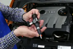 Mechanik trzyma w dłoniach wtryskiwacz, który może być przyczyną objawów uszkodzonego czujnika ciśnienia paliwa diesel.