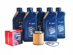 Butelki oleju silnikowego BMW Twin Power Turbo, filtr oleju Vasco Filters V344 i uszczelki.
