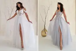 Dwie suknie: biała ślubna i srebrna wieczorowa. Inspiracja, jak przerobić suknię ślubną na wieczorową, by zabłysnąć.