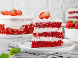 Kawałek tortu red velvet z kremem i truskawkami na talerzu.