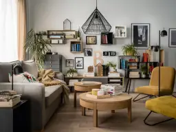 Stylowe dekoracje na półki i stoliki w salonie: książki, rośliny, ramki ze zdjęciami i ozdobne domki tworzą przytulną atmosferę.