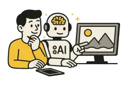 Człowiek zastanawia się, czy sztuczna inteligencja ma świadomość, gdy robot AI wskazuje na obraz na monitorze.