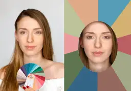 Kobieta z paletą barw "zgaszona jesień" obok swojego portretu na tle geometrycznych kształtów.