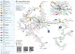 Schemat komunikacji Małopolski, z zaznaczoną linią K3 do Wieliczki i informacją o rozkładzie jazdy PKP.