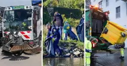 Tiraz: zamiatarka uliczna, sprzątanie brzegu rzeki, wywóz śmieci przez śmieciarkę.