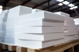 Stos białych płyt styropianowych, gotowych do ułożenia pod wylewkę. Idealne rozwiązanie dla izolacji termicznej.