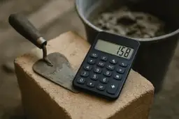 Kalkulator obok kielni i wiadra z zaprawą pomoże Ci jak obliczyć wylewkę betonową.