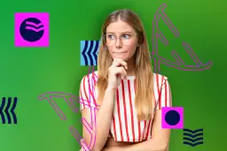 Młoda kobieta w okularach zamyślona na zielonym tle z geometrycznymi wzorami.