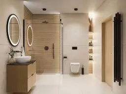 Nowoczesna łazienka z drewnianymi panelami, podświetlanymi lustrami i prysznicem.