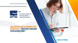 Kobieta w okularach pisze na klawiaturze, obok dziennik praktyk.