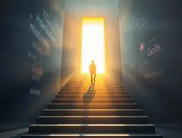 Mężczyzna wchodzi po schodach do jasnego, otwartego przejścia, na ścianach napisy o motywacji i celach.