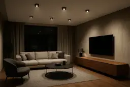 Nowoczesne oświetlenie punktowe sufitowe aranżacje tworzą przytulną atmosferę w salonie z sofą, fotelem i stolikiem.