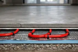 Warstwa betonu z czerwonymi rurkami ogrzewania podłogowego. To kluczowy etap wygrzewania posadzki po roku, zapewniający jej trwałość i komfort.