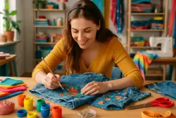 Kobieta maluje pędzlem wzory na jeansie.