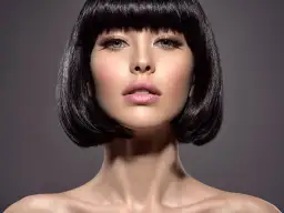 Portret kobiety z krótkimi, czarnymi włosami i makijażem.