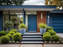 Niebieskie drzwi wejściowe domu z nowoczesną architekturą, otoczone bujną zielenią i ozdobnymi donicami.