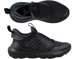 Czarne adidasy dziecięce z siateczką, zapinane na rzep, widok z góry i z boku.