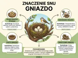 Sennik małe pisklęta w gnieździe symbolizują szczęście rodzinne i radość z potomstwa. Ilustracja pokazuje różne rodzaje gniazd i ich znaczenie.