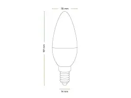 Schematyczna żarówka typu świeca z wymiarami: 107 mm wysokości, 35 mm szerokości, 14 mm gwint.