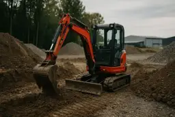 Pomarańczowa mini koparka na placu budowy. Posiadanie uprawnień do jej obsługi to klucz do sukcesu w pracach ziemnych.