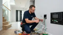 Elektryk przygotowuje jaki przewód do domofonu, podłączając kable do panelu w nowoczesnym wnętrzu z widocznymi schodami.