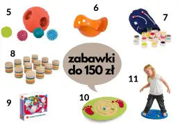 Kolaż zabawek sensorycznych dla dzieci: piłki, klocki, gra planszowa, huśtawka i dziewczynka na platformie balansującej.