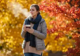 Jesień, 10 stopni, jaka kurtka? Lekka, puchowa kurtka i szalik to idealny wybór na chłodny, jesienny dzień. Kobieta pije gorącą herbatę.