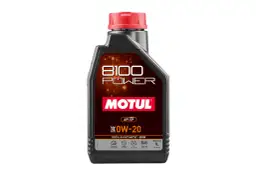 Czarna butelka oleju silnikowego Motul 8100 Power 0W-20 1L z czerwonym korkiem.