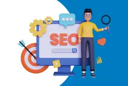 Postać z lupą przy ekranie z napisem SEO. Obok cel, serce i wykres. Skuteczny seo skrót.