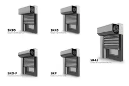 Przekroje różnych modeli obudowy rolety zewnętrznej: SK90, SK45 adaptacyjna, SKO-P, SKP adaptacyjna i SK45 antywłamaniowa.