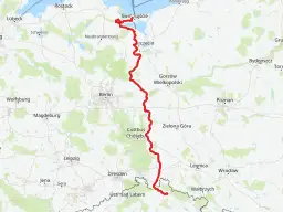 Mapa pokazuje przebieg szlaku rowerowego Odra-Nysa, od Świnoujścia po Czechy. Idealne miejsce na planowanie noclegów.