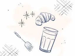 Szkic szklanki, rogalika i łopatki kuchennej na jasnym tle.