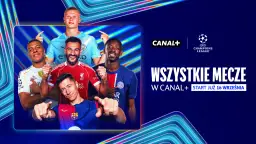 Pięciu piłkarzy w strojach klubowych na tle Ligi Mistrzów i logo Canal+.