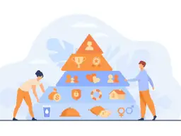 Ludzie budują piramidę potrzeb: od podstawowych (jedzenie, sen) po samorealizację.